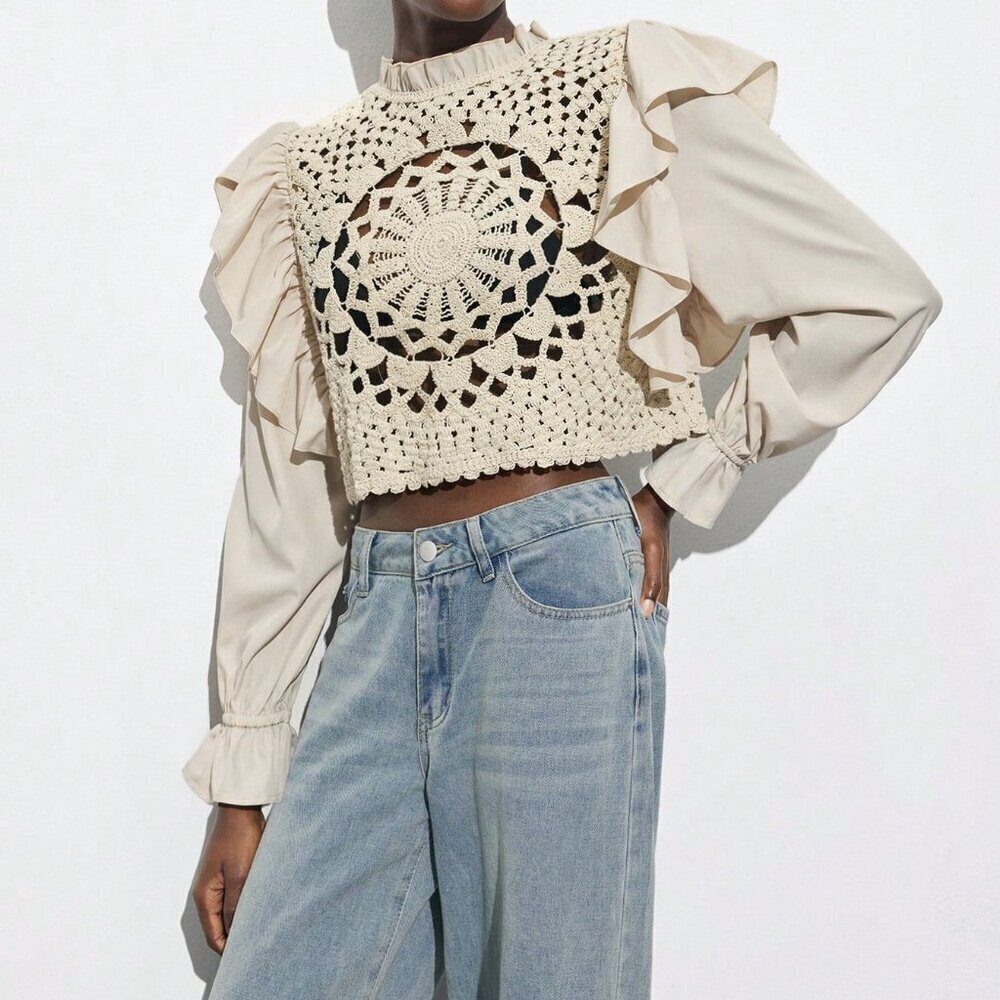 Khaki Casual Women's Apricot Hollow Hook Flower Splicing Ruffles Top - Picture 3 of 7